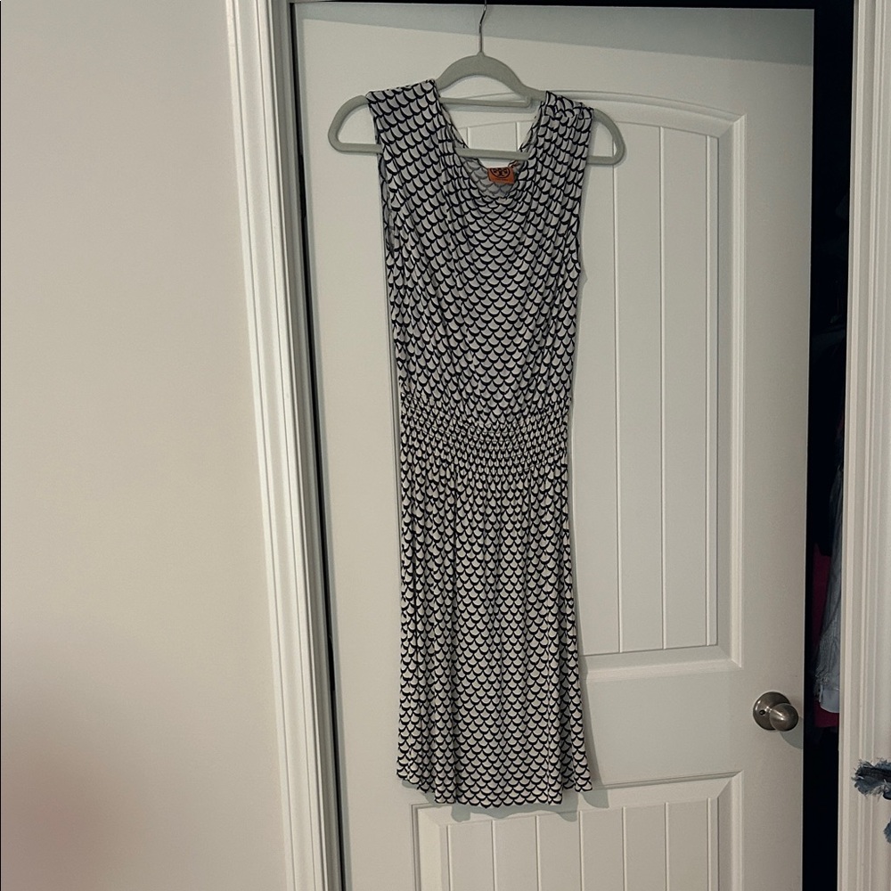 Tory Burch Blue and White Sleeveless Scallop-Print Midi Dress